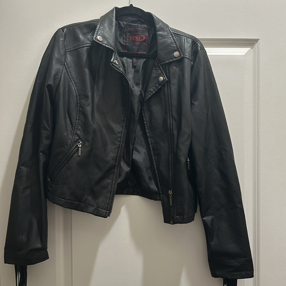 Yoki Faux Leather Moto Fringe Jacket